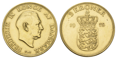 Дания 2 кроны 1958 С, Фредерик IX (1947-1972) KM 838 алюминиевая бронза 69-336