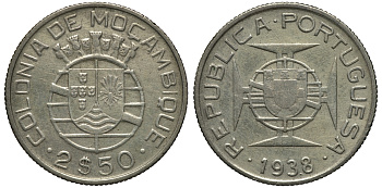 Португальский Мозамбик 2 1/2 эскудо 1938 KM 68 серебро 5010-432
