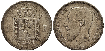 БЕЛЬГИЯ 1 ФРАНК 1886 ЛЕОПОЛЬД II (1865-1909), BELGES, РАЗНОВИДНОСТЬ БЕЗ ТОЧКИ В ПОДПИСИ KM 28.2 серебро 443-523