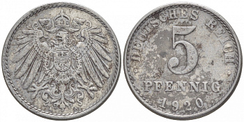 ГЕРМАНИЯ 5 ПФЕННИГОВ 1920 А KM 19, J. 297 железо 3718-263