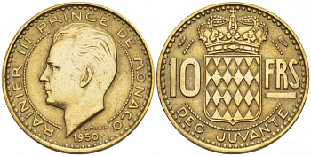 Монако 10 франков 1950 Ренье III (1949-2005) KM 130 алюминиевая бронза 4402-733