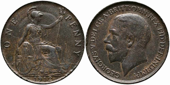 Великобритания 1 пенни 1912 H, Георг V (1910-1936) KM 810, Spink 4052 бронза 87-1343
