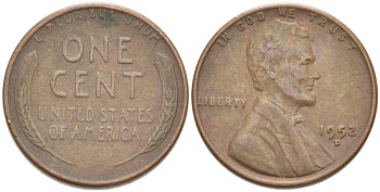 США 1 ЦЕНТ 1952 D, ЛИНКОЛЬН KM А132 медь цинк 218-615