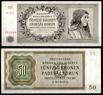Богемия и Моравия 50 крон 1944 Pick 10 бумага aUNC 451-1045-1