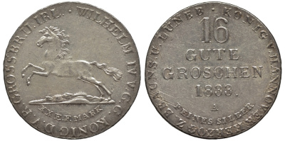 Брауншвейг-Каленберг-Ганновер 16 гутергрошенов 1833 A, Вильгельм IV (1830-1837) J. 33, AKS 66, Kahnt 212 серебро  aUNC  11-119-55