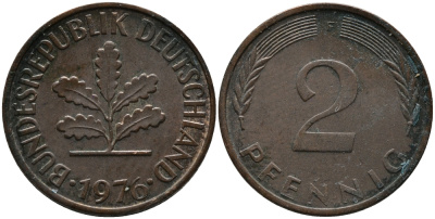 ФРГ 2 пфеннига 1976 F KM 106а, J.381а сталь плакированная медью 99-225