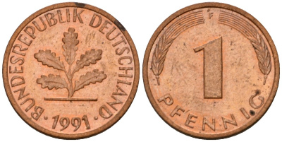 ФРГ 1 пфенниг 1991 F KM 105, J.380 сталь плакированная медью 4602-813
