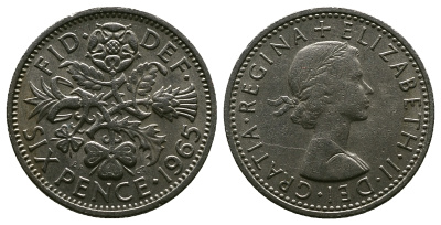 Великобритания 6 пенсов 1965 Елизавета II (1952-2022) KM 903, Spink 4149 медно-никель 4381-833