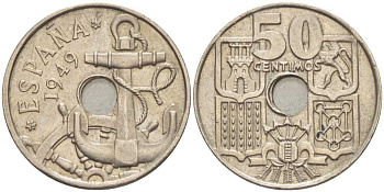 ИСПАНИЯ 50 СЕНТИМО 1949 (62) ФРАНСИСКО ФРАНКО ДИКТАТОР ИСПАНИИ (1939-1975), МОРСКАЯ АТРИБУТИКА KM 777 медно-никель 213-123