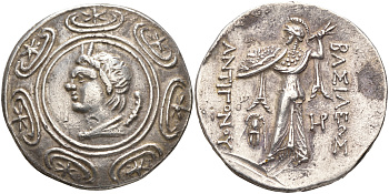 Древняя Греция, Македонское Царство Тетрадрахма 277-239 гг. до н.э.Антигон II Гонат, голова бога Пана, окруженная македонскими щитами / Афина Алкидемос с молниями в руке, внизу македонский шлем, Амфиполь, 16,69 гр, VF/XF (царапина) (1073-7-25)