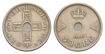 Норвегия 50 эре 1939 Хокон VII (1905-1957) KM 386 медно-никель 4635-354