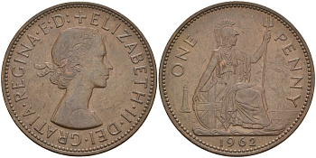 Великобритания 1 пенни 1962 Елизавета II (1952-2022) KM 897, Spink 4157 бронза 4149-816