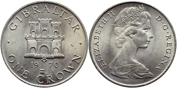 Гибралтар 1 крона 1970 Елизавета II (1952-2022), старый замок KM 4 медно-никель UNC 74-635