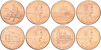 США полный набор из 4 монет (1 цент) 2009 200 лет со дня рождения Авраама Линкольна - Детство в Кентукки, Юность в Индиане, Карьера в Иллинойсе, Президентство в Вашингтоне KM 441, 442, 443 и 444 цинк плакированный медью UNC 4668-934-937