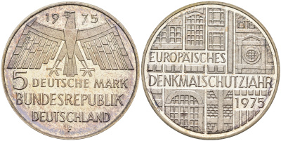 ФРГ 5 марок 1975 F, Европейский год охраны памятников J. 417, KM 142.1 серебро PROOF 02-119-41