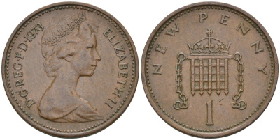 Великобритания 1 пенни 1973 Елизавета II (1952-2022) KM 915, Spink 4237 (B1) бронза 4115-667