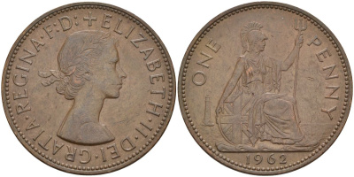 Великобритания 1 пенни 1962 Елизавета II (1952-2022) KM 897, Spink 4157 бронза 4149-816