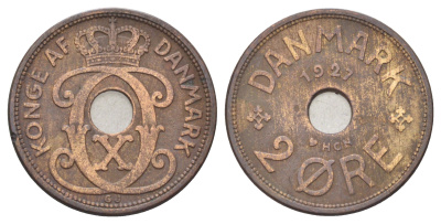 Дания 2 эре 1927 NCH, Кристиан X (1912-1947) KM 827 бронза 4701-638