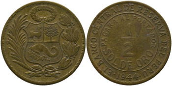 Перу 1/2 соль 1944 KM 220.5, Schon 23 латунь 4539-345