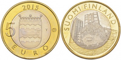 Финляндия 5 евро 2015 животный мир регионов Финляндии, Уусимаа, ежик KM 239 биметалл UNC M30-09