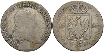 ПРУССИЯ 4 ГРОША 1797 А, ФРИДРИХ ВИЛЬГЕЛЬМ II (1786-1797) KM 362.1 серебро 4388-453