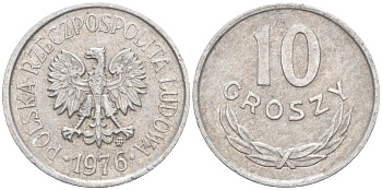 ПОЛЬША 10 ГРОШЕЙ 1976 MW KM АА47 алюминий 187-915