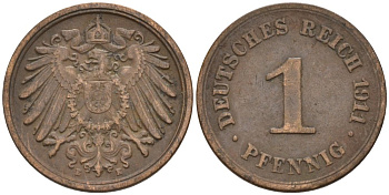 Германия 1 пфенниг 1911 E KM 10, J. 10 медь 4576-167