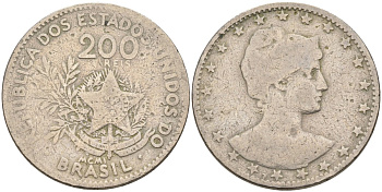 Бразилия 200 рейс 1901 голова свободы вправо KM 504 медно-никель 4589-1035