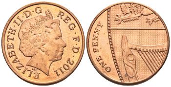 Великобритания 1 пенни 2011 Елизавета II (1952-2022) KM 1107, Spink B6 сталь плакированная медью 4609-731