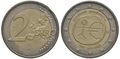 Греция 2 евро 2009 10 лет монетарной политики ЕС (EMU) и введения евро KM 227 биметалл 4397-224