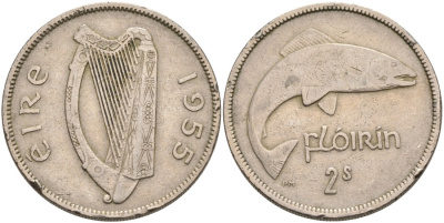 Ирландия 1 флорин 1955 лосось KM 15а медно-никель 88-713