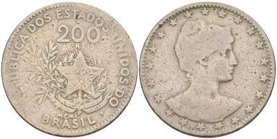 Бразилия 200 рейс 1901 голова свободы вправо KM 504 медно-никель 4589-1035