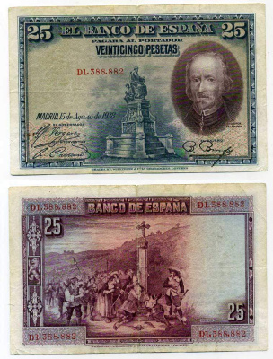 ИСПАНИЯ 25 ПЕСЕТ 1928 СЕРИЯ D 1388882, ПЕДРО КАЛЬДЕРОН ДЕ ЛЯ БАРКА Pick 74b бумага 6283-10-2