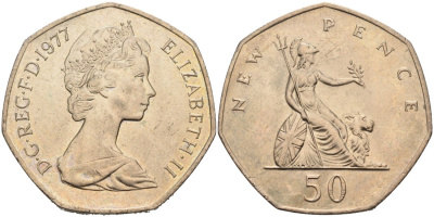 Великобритания 50 пенсов 1977 Елизавета II (1952-2022) KM 913, Spink 4223 (H1) медно-никель aUNC 88-535