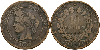 Франция 10 сантимов 1893 A, Третья республика (1871-1940) KM 815.1, Le Franc 135.33 бронза 4123-722