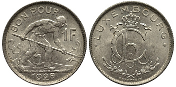 ЛЮКСЕМБУРГ 1 ФРАНК 1928 СТАЛЕВАР, ДИАМЕТР 22,8 ММ., ВЕЛИКАЯ ГЕРЦОГИНЯ ШАРЛОТТА (1919-1964) KM 35 никель 4538-914