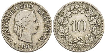 ШВЕЙЦАРИЯ 10 РАППЕНОВ 1897 В KM 27 медно-никель 4513-214
