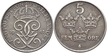 Швеция 5 эре 1947 Густав V (1907-1950) KM 812 железо 115-916
