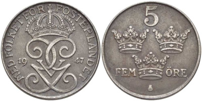 Швеция 5 эре 1947 Густав V (1907-1950) KM 812 железо 115-916