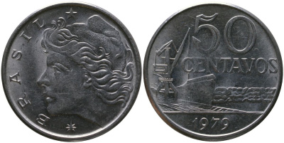 Бразилия 50 сентаво 1979 голова свободы влево KM 580b, Schon 85b нержавеющая сталь aUNC 4577-1233
