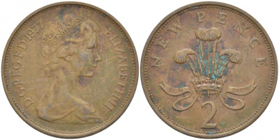 Великобритания 2 пенса 1977 Елизавета II (1952-2022) KM 916, Spink 4235 (C1) бронза 77-142