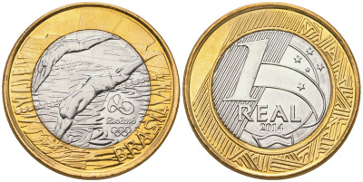 Бразилия 1 реал 2014 XXXI летние Олимпийские Игры, Рио-де-Жанейро 2016 - Плавание KM 688 биметалл UNC 4139-226