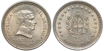 Уругвай 25 сентесимо 1960 KM 40 медно-никель 4580-914