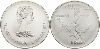 Канада 5 долларов 1975 XXI летние Олимпийские игры в Монреале 1976 года, метание копья KM 99 серебро UNC 1091-3-14