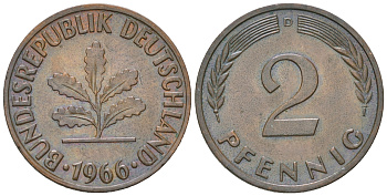 ФРГ 2 пфеннига 1966 D KM106, J.381 бронза 4164-653