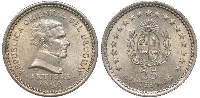 Уругвай 25 сентесимо 1960 KM 40 медно-никель 4580-914