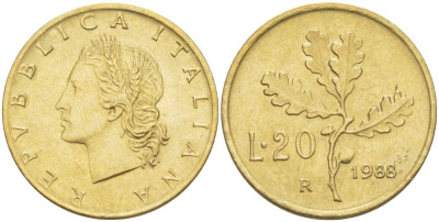 Италия 20 лир 1988 R, дубовая ветвь KM 97.2 алюминиевая бронза  UNC   4511-952