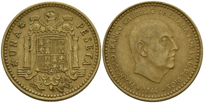 Испания 5 песет 1966 (74) Франсиско Франко (1939 - 1975) KM 796 алюминиевая бронза 4154-956