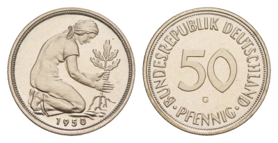 ФРГ 50 пфеннигов 1950 G, тираж 1.800 экземпляров KM 109, J. 384 медно-никель PROOF 11-131-12