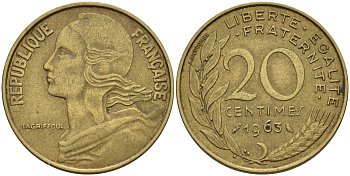 Франция 20 сантимов 1963 тип Marianne KM 930 алюминиевая бронза    4603-111